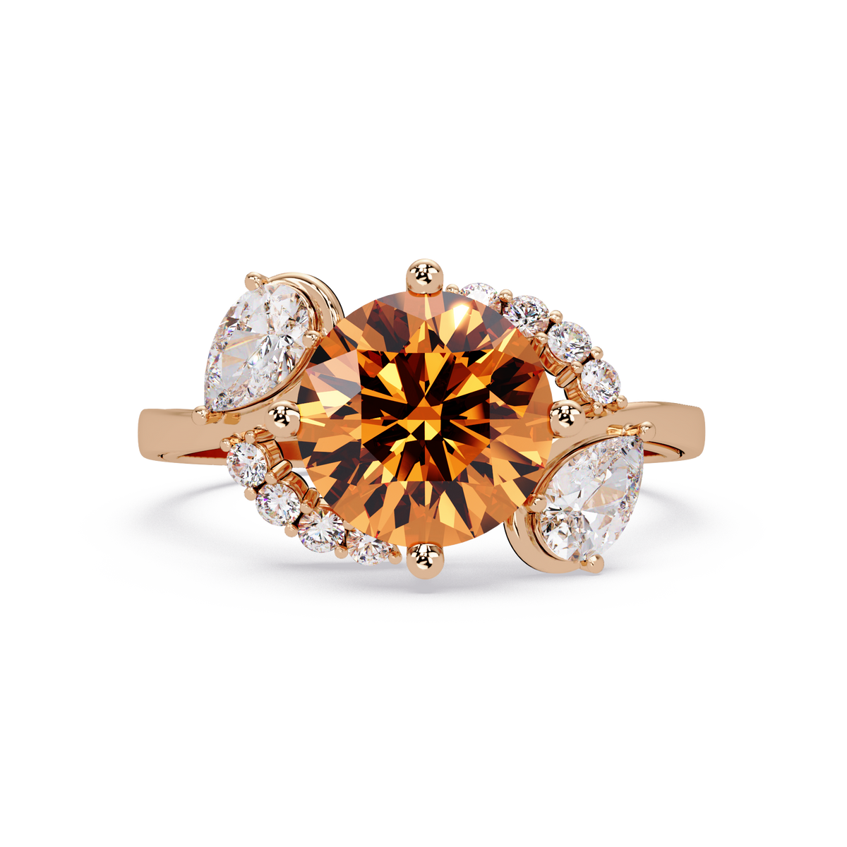 2.3 CTW Round & Pear Three-Stone Pavé Colorstone Ring with Champagne Topaz center in 14K Rose Gold – Lunéa Paris