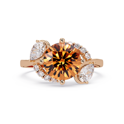 2.3 CTW Round & Pear Three-Stone Pavé Colorstone Ring with Champagne Topaz center in 14K Rose Gold – Lunéa Paris