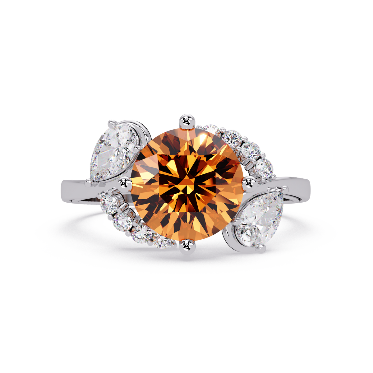 2.3 CTW Round & Pear Three-Stone Pavé Colorstone Ring with Champagne Topaz center in 14K White Gold – Lunéa Paris