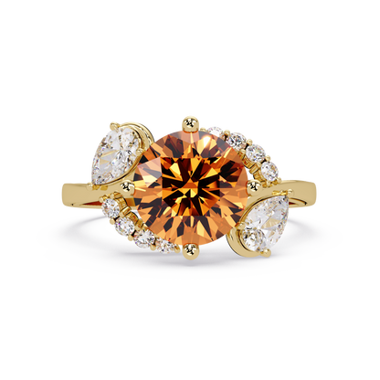 2.3 CTW Round & Pear Three-Stone Pavé Colorstone Ring with Champagne Topaz center in 14K Yellow Gold – Lunéa Paris
