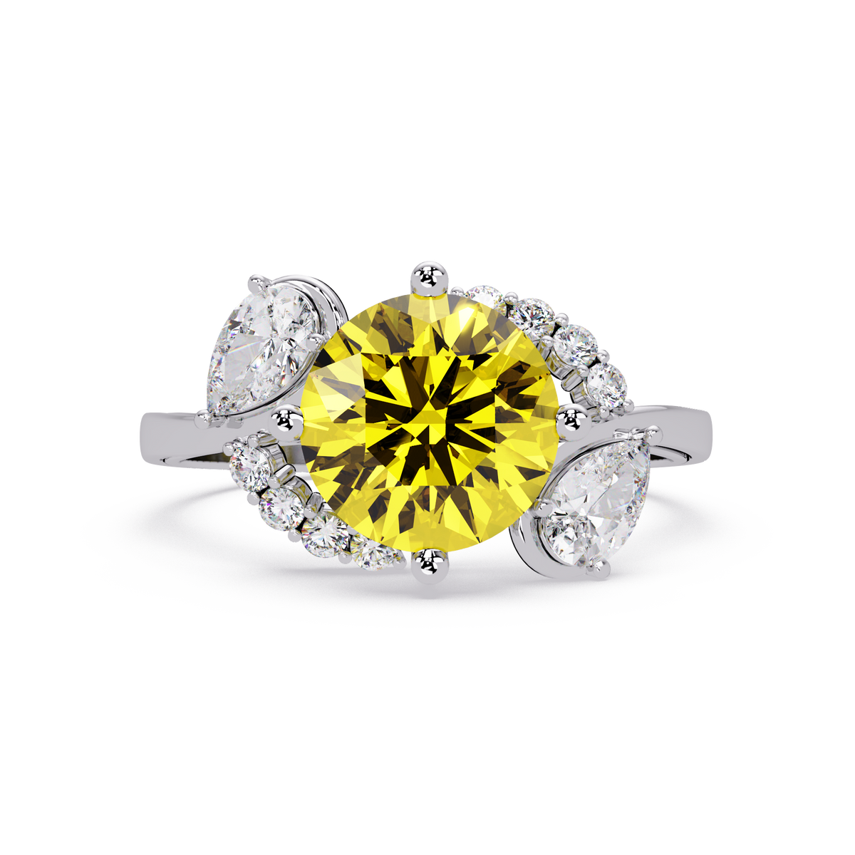 2.3 CTW Round & Pear Three-Stone Pavé Colorstone Ring with Citrine Yellow center in 14K White Gold – Lunéa Paris