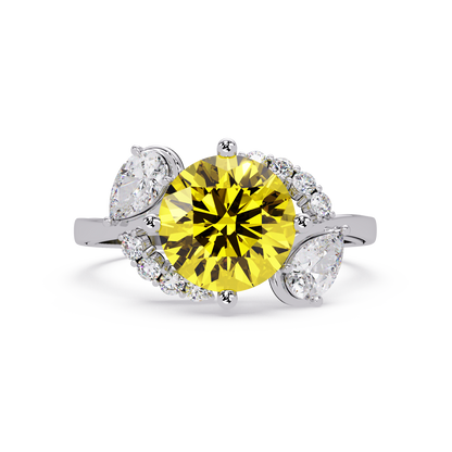 2.3 CTW Round & Pear Three-Stone Pavé Colorstone Ring with Citrine Yellow center in 14K White Gold – Lunéa Paris