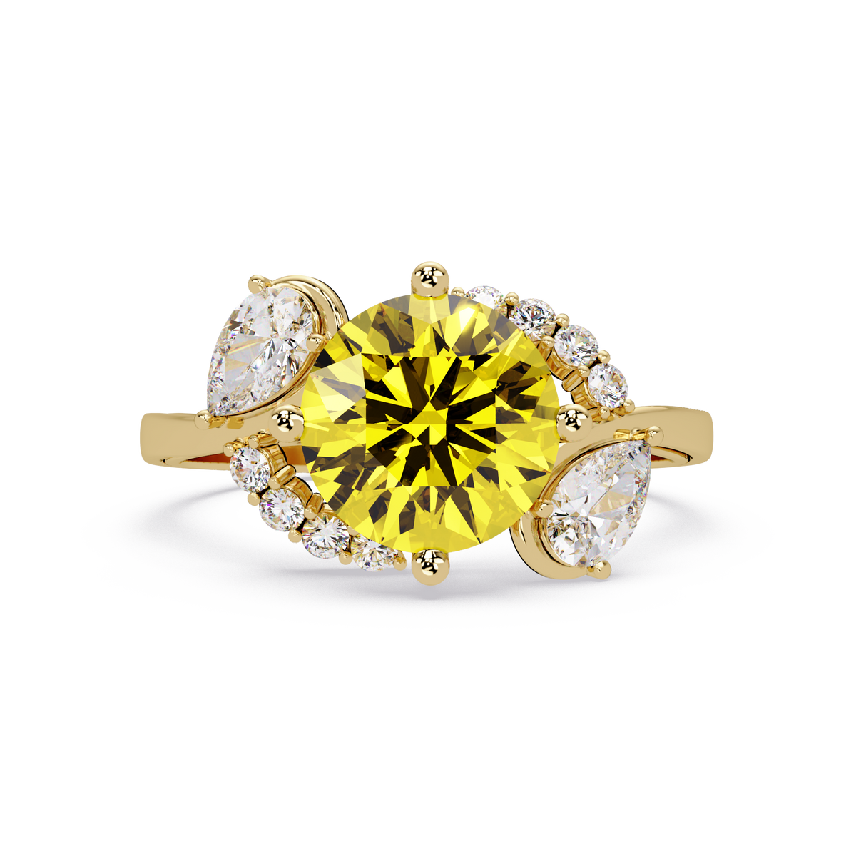 2.3 CTW Round & Pear Three-Stone Pavé Colorstone Ring with Citrine Yellow center in 14K Yellow Gold – Lunéa Paris