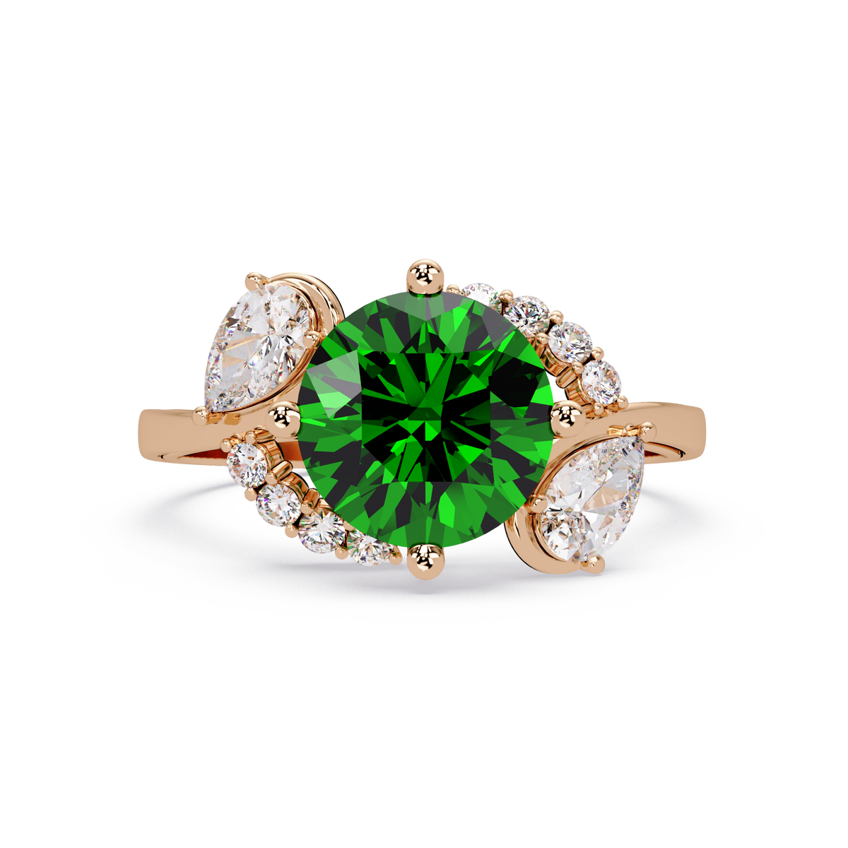 2.3 CTW Round & Pear Three-Stone Pavé Colorstone Ring with Emerald Green center in 14K Rose Gold – Lunéa Paris
