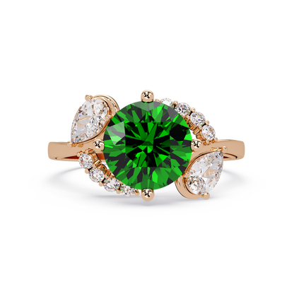 2.3 CTW Round & Pear Three-Stone Pavé Colorstone Ring with Emerald Green center in 14K Rose Gold – Lunéa Paris
