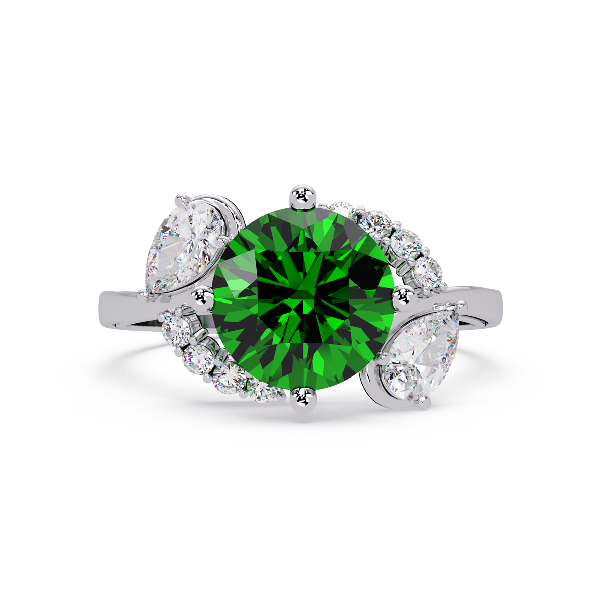 2.3 CTW Round & Pear Three-Stone Pavé Colorstone Ring with Emerald Green center in 14K White Gold – Lunéa Paris