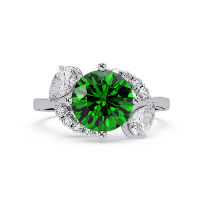 2.3 CTW Round & Pear Three-Stone Pavé Colorstone Ring with Emerald Green center in 14K White Gold – Lunéa Paris