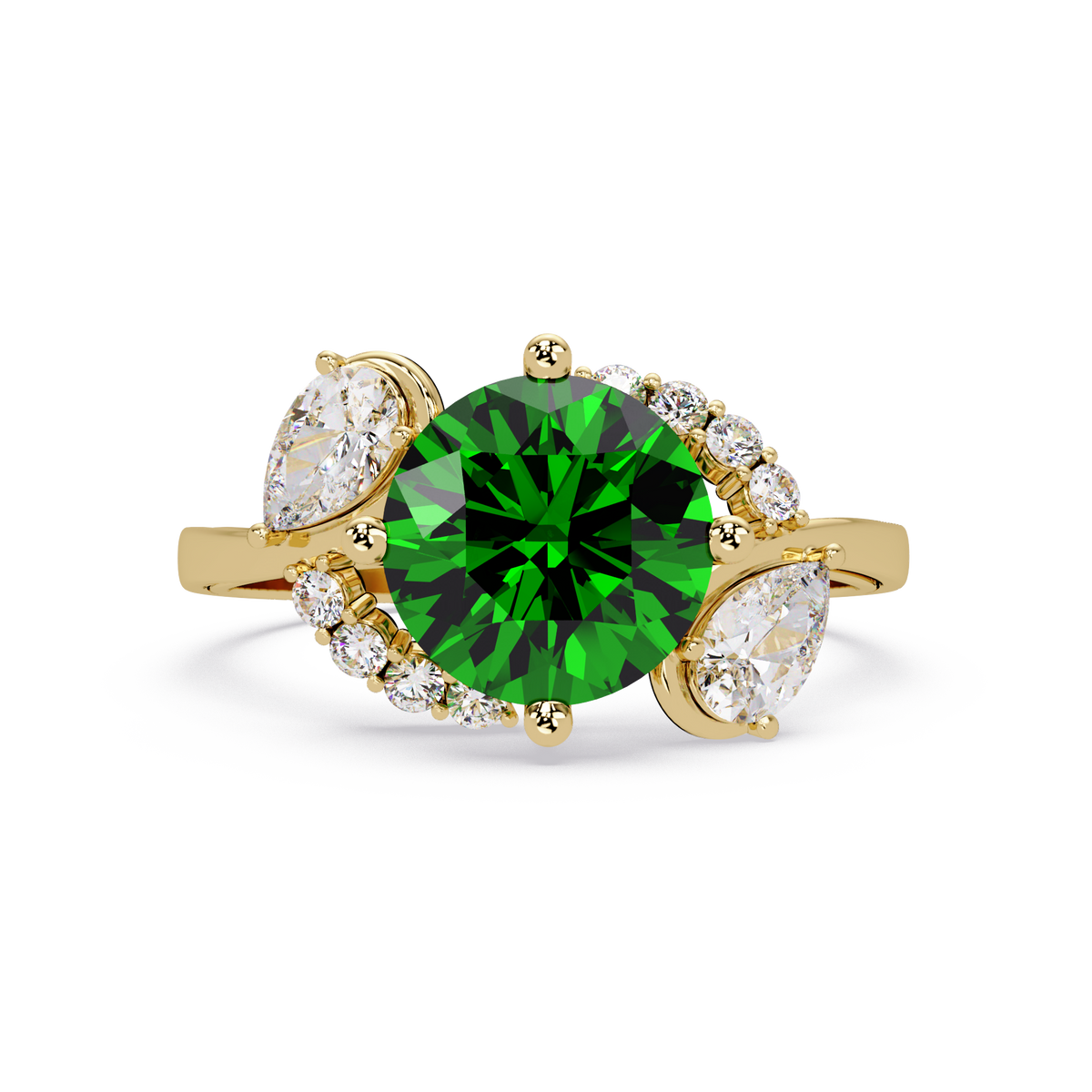 2.3 CTW Round & Pear Three-Stone Pavé Colorstone Ring with Emerald Green center in 14K Yellow Gold – Lunéa Paris
