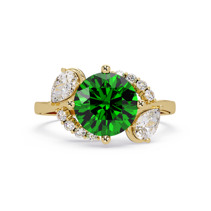 2.3 CTW Round & Pear Three-Stone Pavé Colorstone Ring with Emerald Green center in 14K Yellow Gold – Lunéa Paris