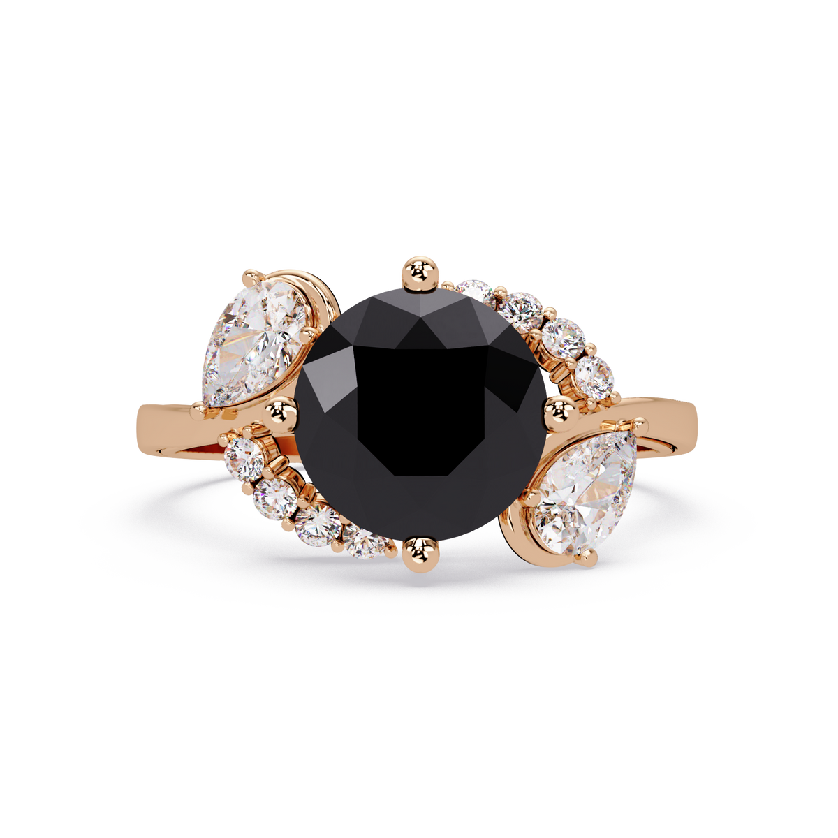 2.3 CTW Round & Pear Three-Stone Pavé Colorstone Ring with Onyx center in 14K Rose Gold – Lunéa Paris