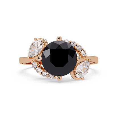 2.3 CTW Round & Pear Three-Stone Pavé Colorstone Ring with Onyx center in 14K Rose Gold – Lunéa Paris