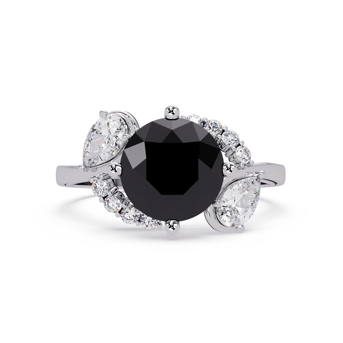 2.3 CTW Round & Pear Three-Stone Pavé Colorstone Ring with Onyx center in 14K White Gold – Lunéa Paris