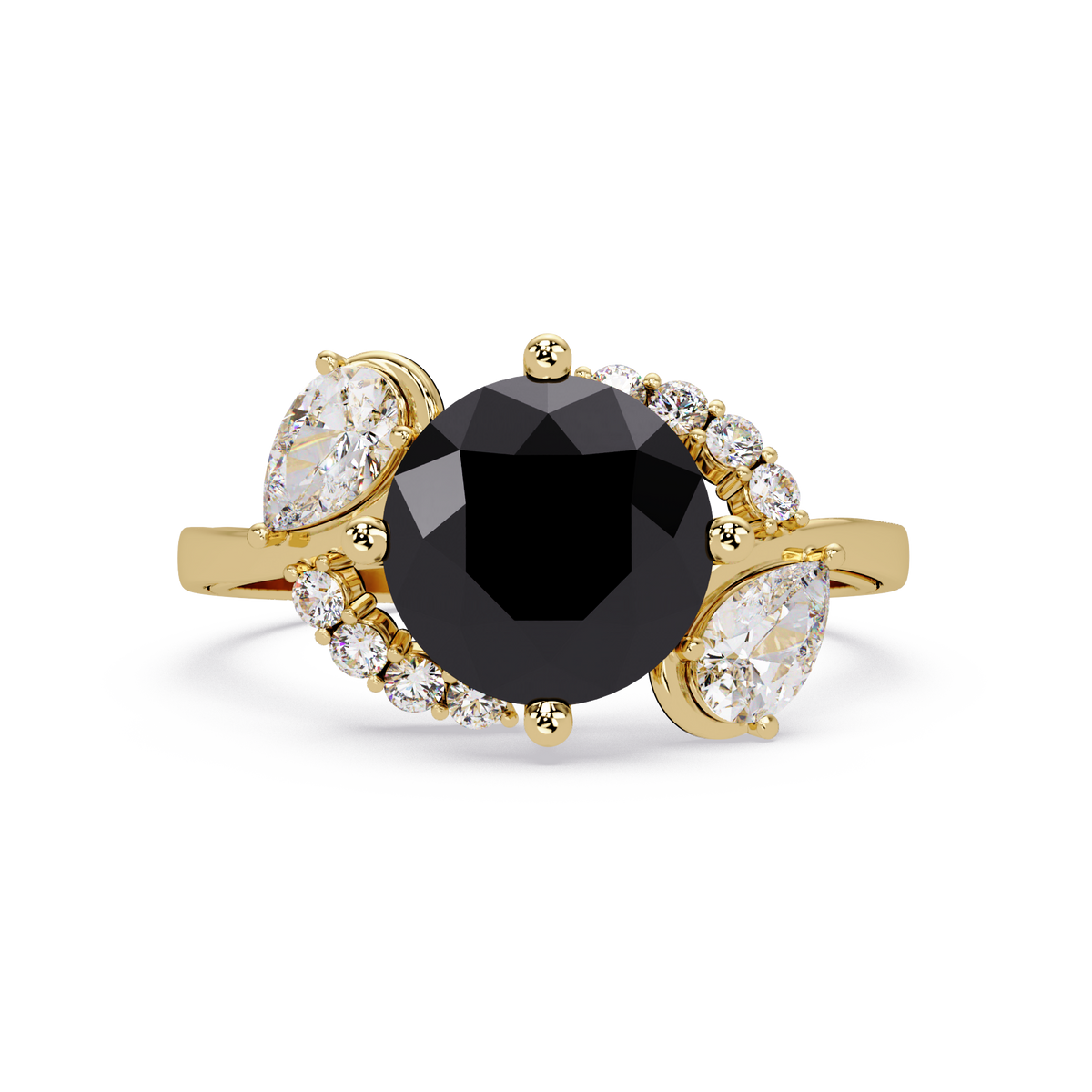 2.3 CTW Round & Pear Three-Stone Pavé Colorstone Ring with Onyx center in 14K Yellow Gold – Lunéa Paris