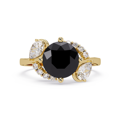 2.3 CTW Round & Pear Three-Stone Pavé Colorstone Ring with Onyx center in 14K Yellow Gold – Lunéa Paris
