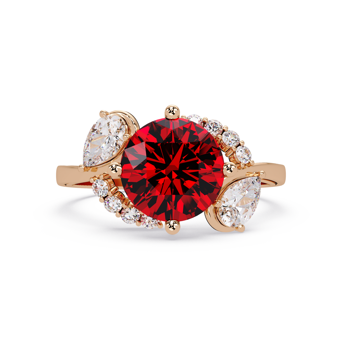2.3 CTW Round & Pear Three-Stone Pavé Colorstone Ring with Ruby Red center in 14K Rose Gold – Lunéa Paris