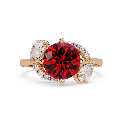 2.3 CTW Round & Pear Three-Stone Pavé Colorstone Ring with Ruby Red center in 14K Rose Gold – Lunéa Paris