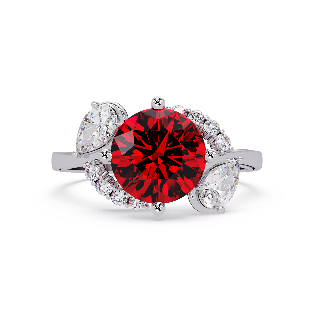 2.3 CTW Round & Pear Three-Stone Pavé Colorstone Ring with Ruby Red center in 14K White Gold – Lunéa Paris