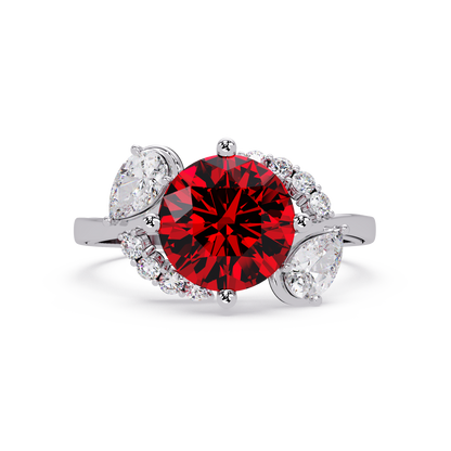 2.3 CTW Round & Pear Three-Stone Pavé Colorstone Ring with Ruby Red center in 14K White Gold – Lunéa Paris