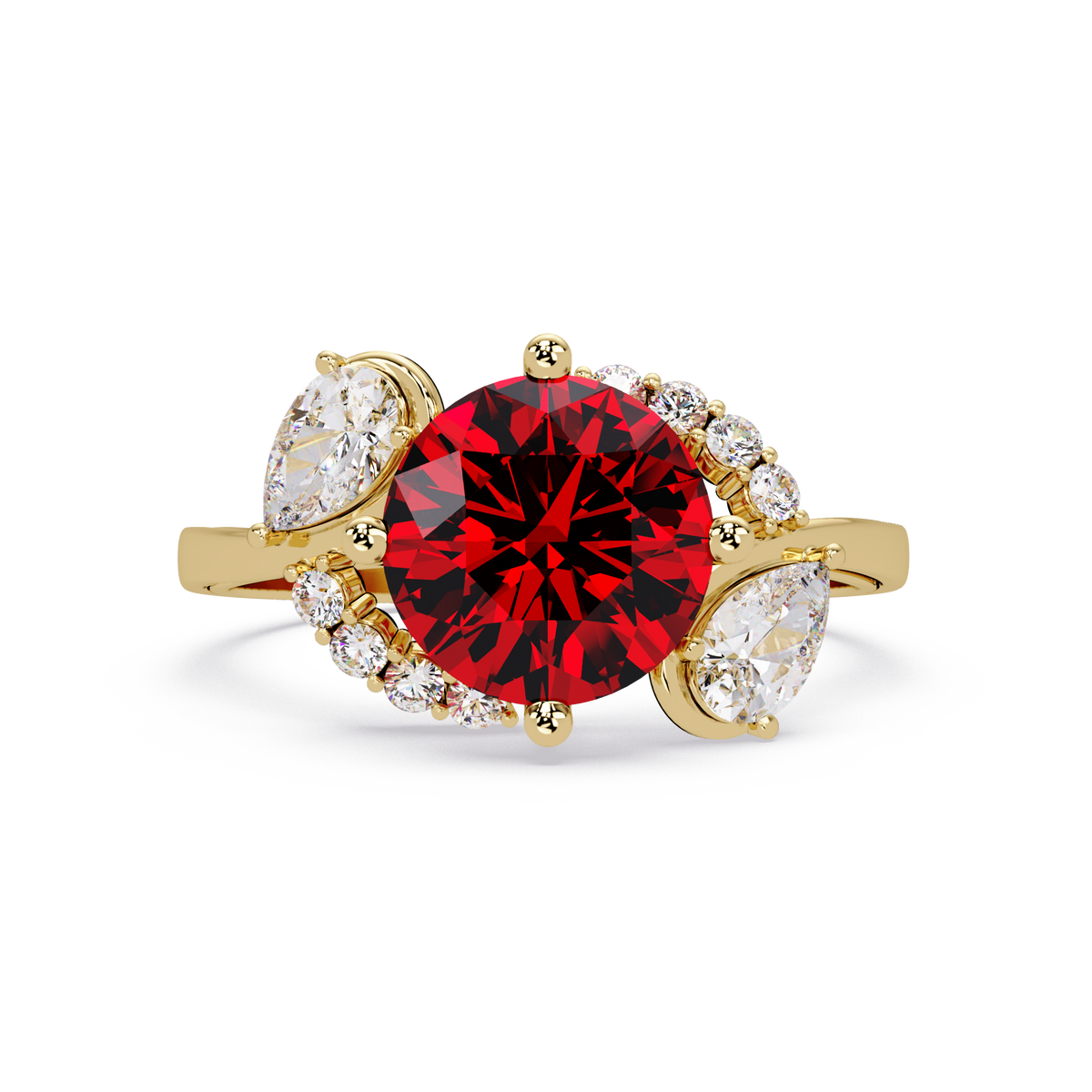 2.3 CTW Round & Pear Three-Stone Pavé Colorstone Ring with Ruby Red center in 14K Yellow Gold – Lunéa Paris