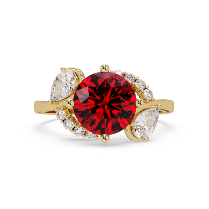 2.3 CTW Round & Pear Three-Stone Pavé Colorstone Ring with Ruby Red center in 14K Yellow Gold – Lunéa Paris
