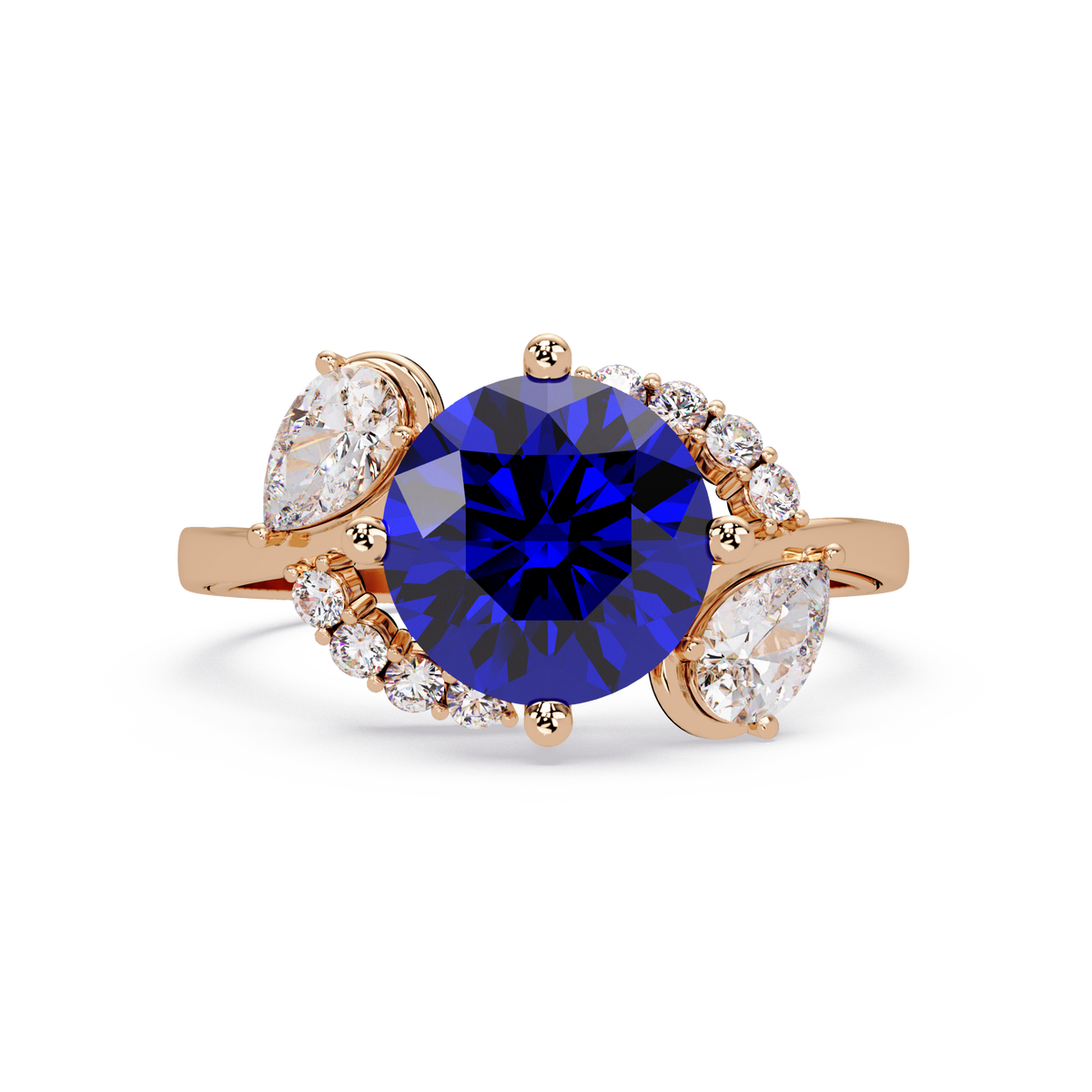 2.3 CTW Round & Pear Three-Stone Pavé Colorstone Ring with Sapphire Blue center in 14K Rose Gold – Lunéa Paris