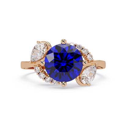 2.3 CTW Round & Pear Three-Stone Pavé Colorstone Ring with Sapphire Blue center in 14K Rose Gold – Lunéa Paris