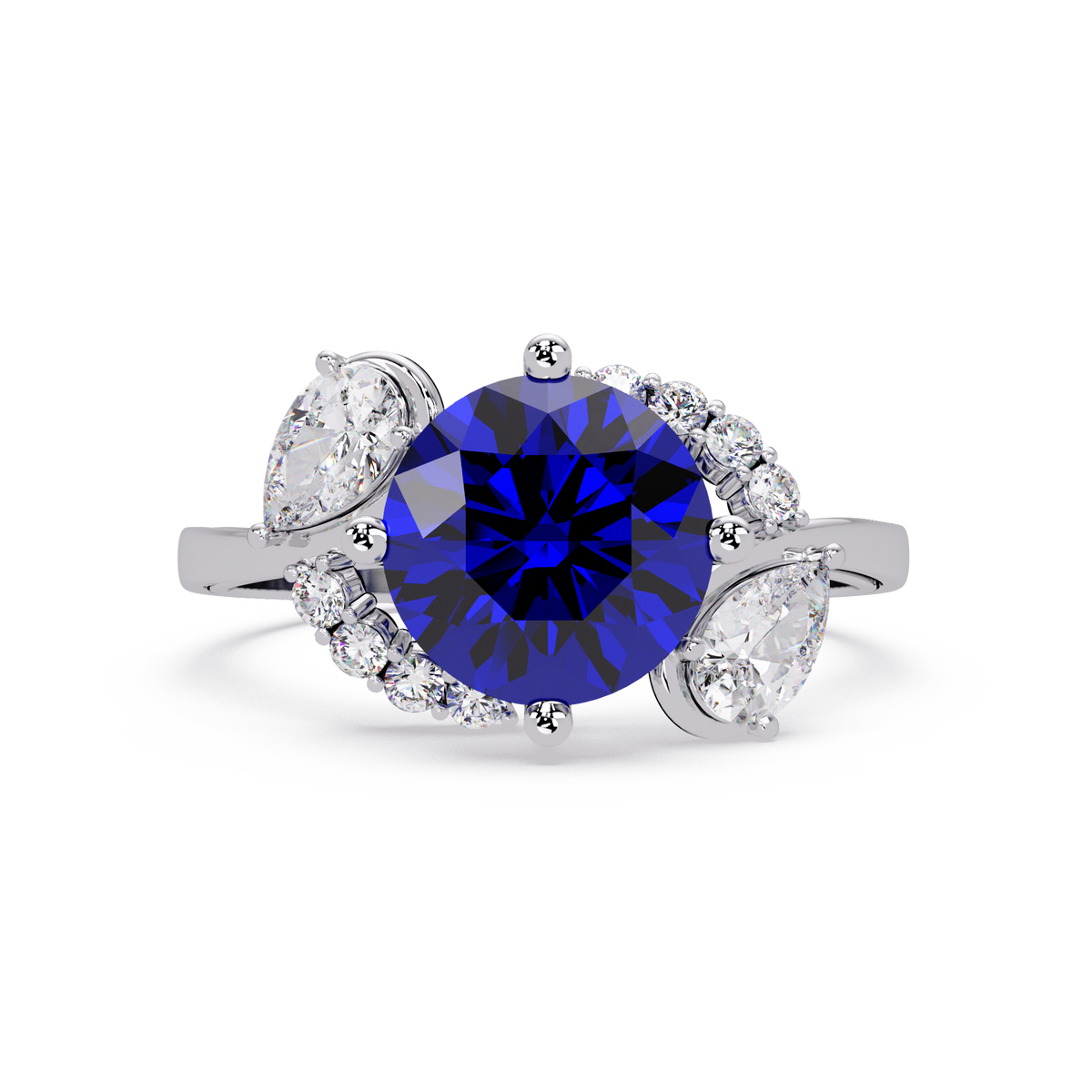 2.3 CTW Round & Pear Three-Stone Pavé Colorstone Ring with Sapphire Blue center in 14K White Gold – Lunéa Paris