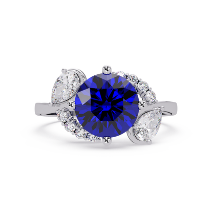 2.3 CTW Round & Pear Three-Stone Pavé Colorstone Ring with Sapphire Blue center in 14K White Gold – Lunéa Paris