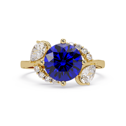 2.3 CTW Round & Pear Three-Stone Pavé Colorstone Ring with Sapphire Blue center in 14K Yellow Gold – Lunéa Paris