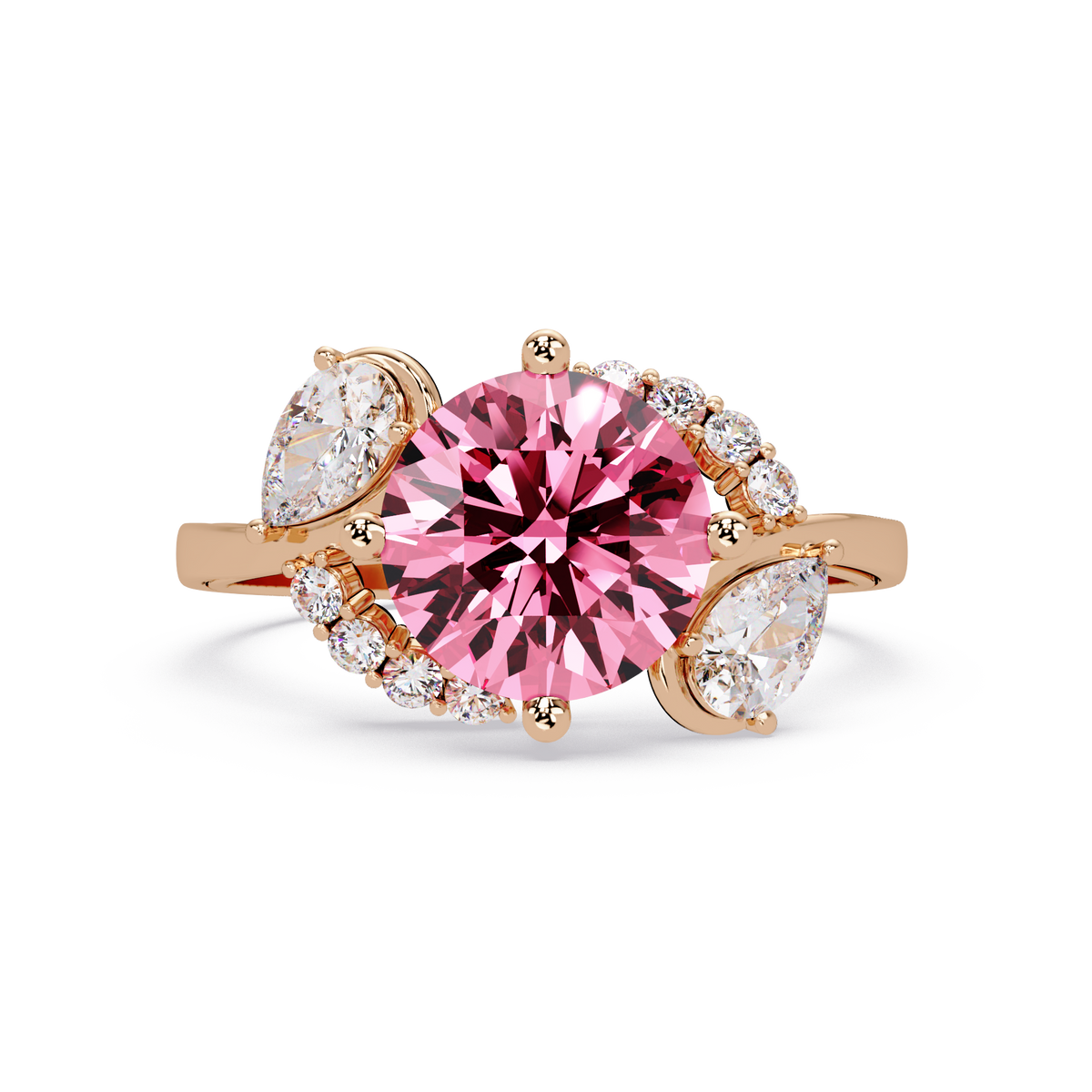 2.3 CTW Round & Pear Three-Stone Pavé Colorstone Ring with Tourmaline Pink center in 14K Rose Gold – Lunéa Paris