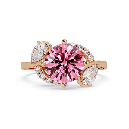 2.3 CTW Round & Pear Three-Stone Pavé Colorstone Ring with Tourmaline Pink center in 14K Rose Gold – Lunéa Paris