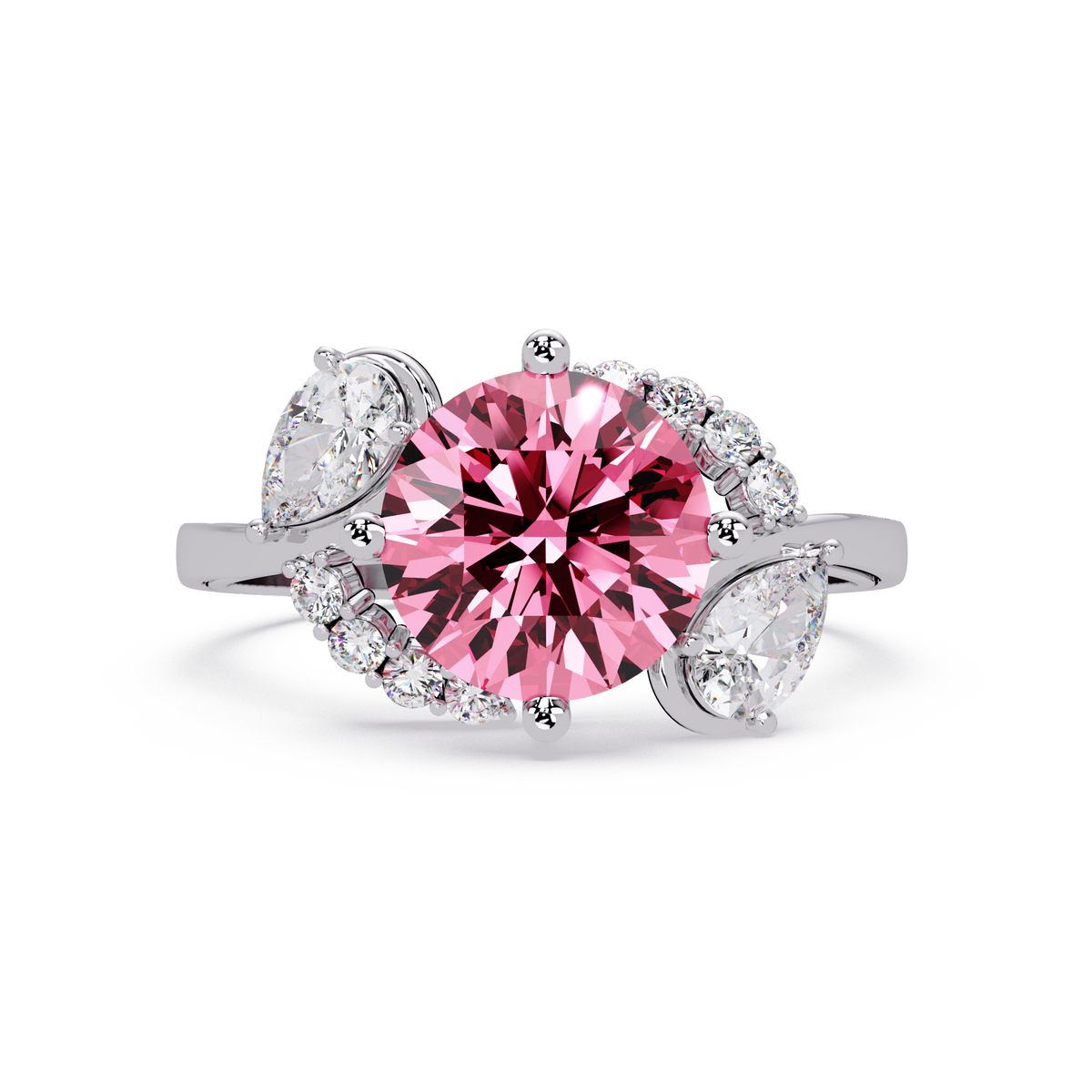 2.3 CTW Round & Pear Three-Stone Pavé Colorstone Ring with Tourmaline Pink center in 14K White Gold – Lunéa Paris