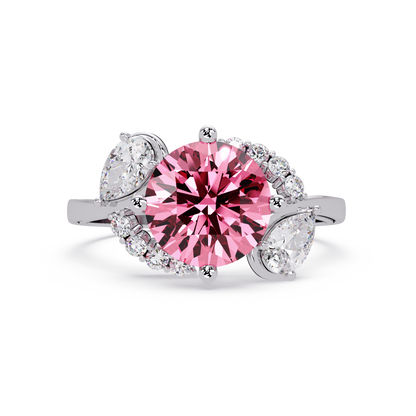 2.3 CTW Round & Pear Three-Stone Pavé Colorstone Ring with Tourmaline Pink center in 14K White Gold – Lunéa Paris