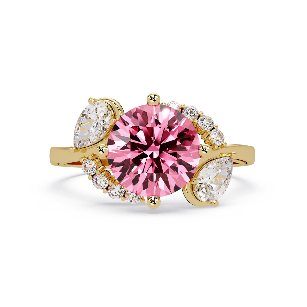 2.3 CTW Round & Pear Three-Stone Pavé Colorstone Ring with Tourmaline Pink center in 14K Yellow Gold – Lunéa Paris