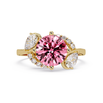 2.3 CTW Round & Pear Three-Stone Pavé Colorstone Ring with Tourmaline Pink center in 14K Yellow Gold – Lunéa Paris