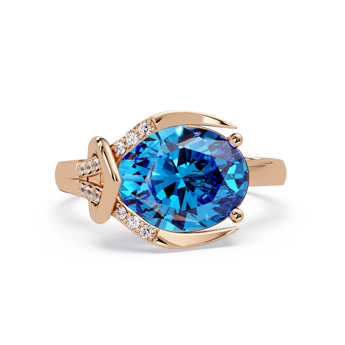 2.5 CTW Oval Swirl Pavé Colorstone Ring with Aquamarine Blue center in 14K Rose Gold – Lunéa Paris