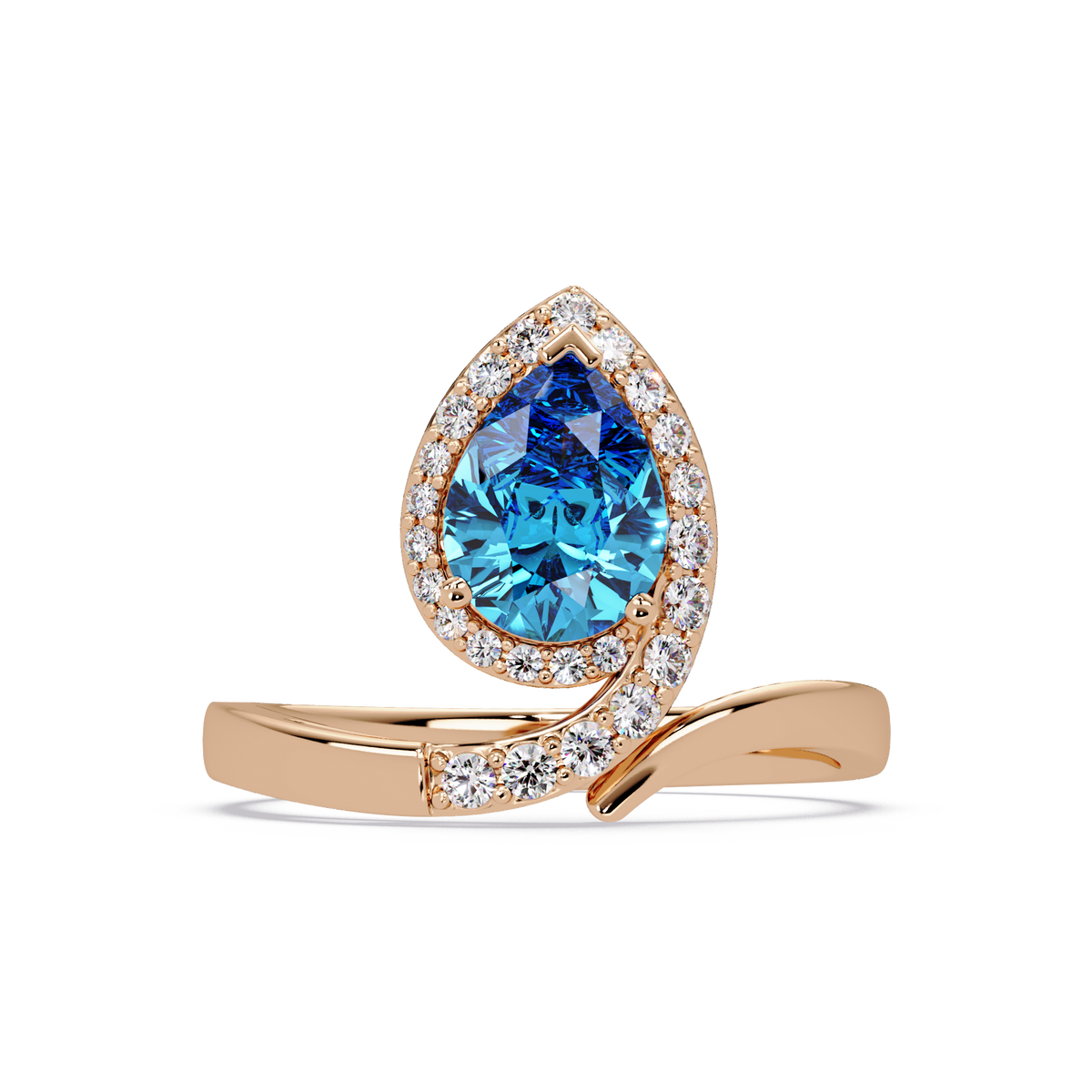 1.4 CTW Pear Halo Bypass Pavé Colorstone Ring with Aquamarine Blue center in 14K Rose Gold – Lunéa Paris
