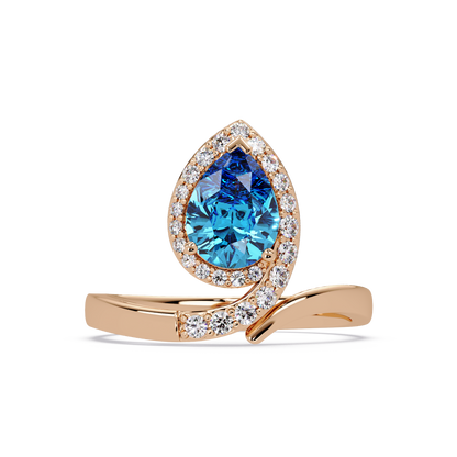 1.4 CTW Pear Halo Bypass Pavé Colorstone Ring with Aquamarine Blue center in 14K Rose Gold – Lunéa Paris