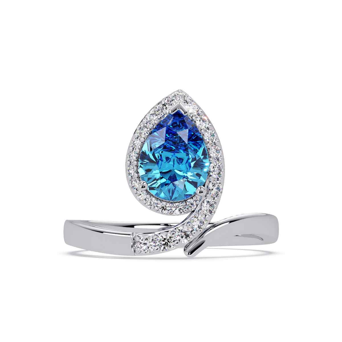 1.4 CTW Pear Halo Bypass Pavé Colorstone Ring with Aquamarine Blue center in 14K White Gold – Lunéa Paris