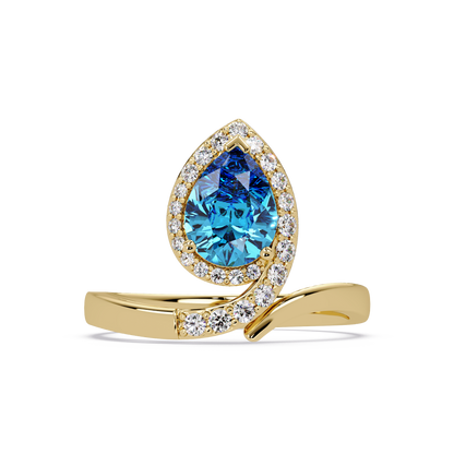 1.4 CTW Pear Halo Bypass Pavé Colorstone Ring with Aquamarine Blue center in 14K Yellow Gold – Lunéa Paris