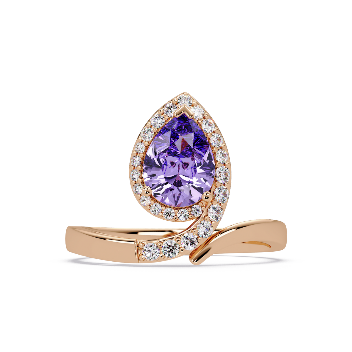 1.4 CTW Pear Halo Bypass Pavé Colorstone Ring with Amethyst Purple center in 14K Rose Gold – Lunéa Paris