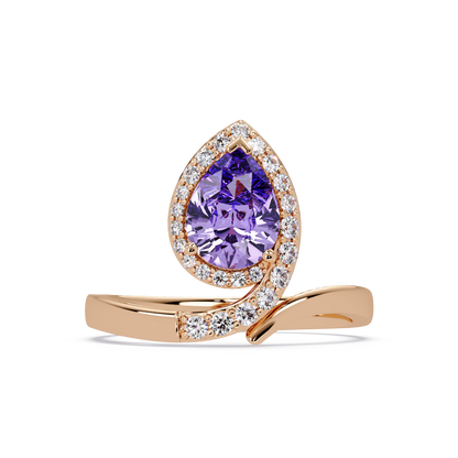 1.4 CTW Pear Halo Bypass Pavé Colorstone Ring with Amethyst Purple center in 14K Rose Gold – Lunéa Paris