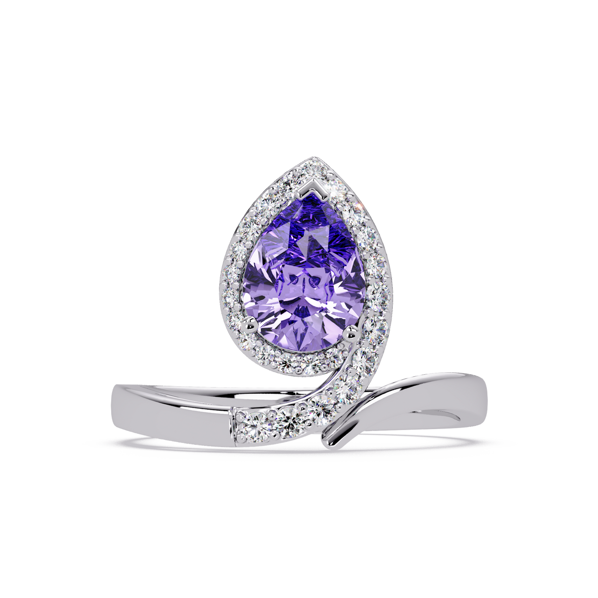 1.4 CTW Pear Halo Bypass Pavé Colorstone Ring with Amethyst Purple center in 14K White Gold – Lunéa Paris