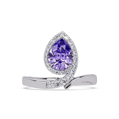 1.4 CTW Pear Halo Bypass Pavé Colorstone Ring with Amethyst Purple center in 14K White Gold – Lunéa Paris