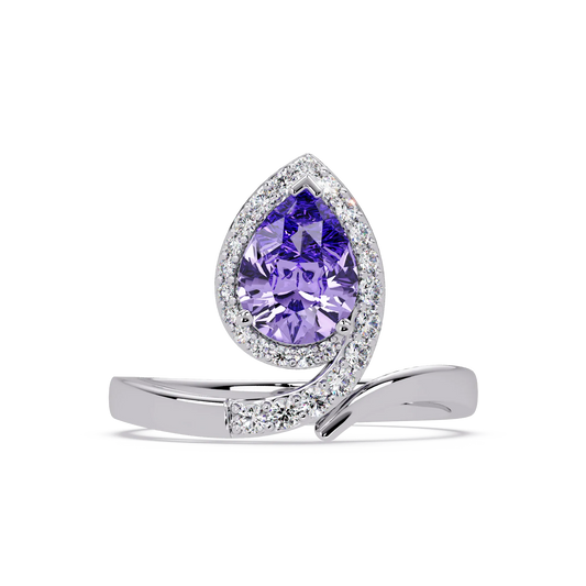 1.4 CTW Pear Halo Bypass Pavé Colorstone Ring with Amethyst Purple center in 14K White Gold – Lunéa Paris