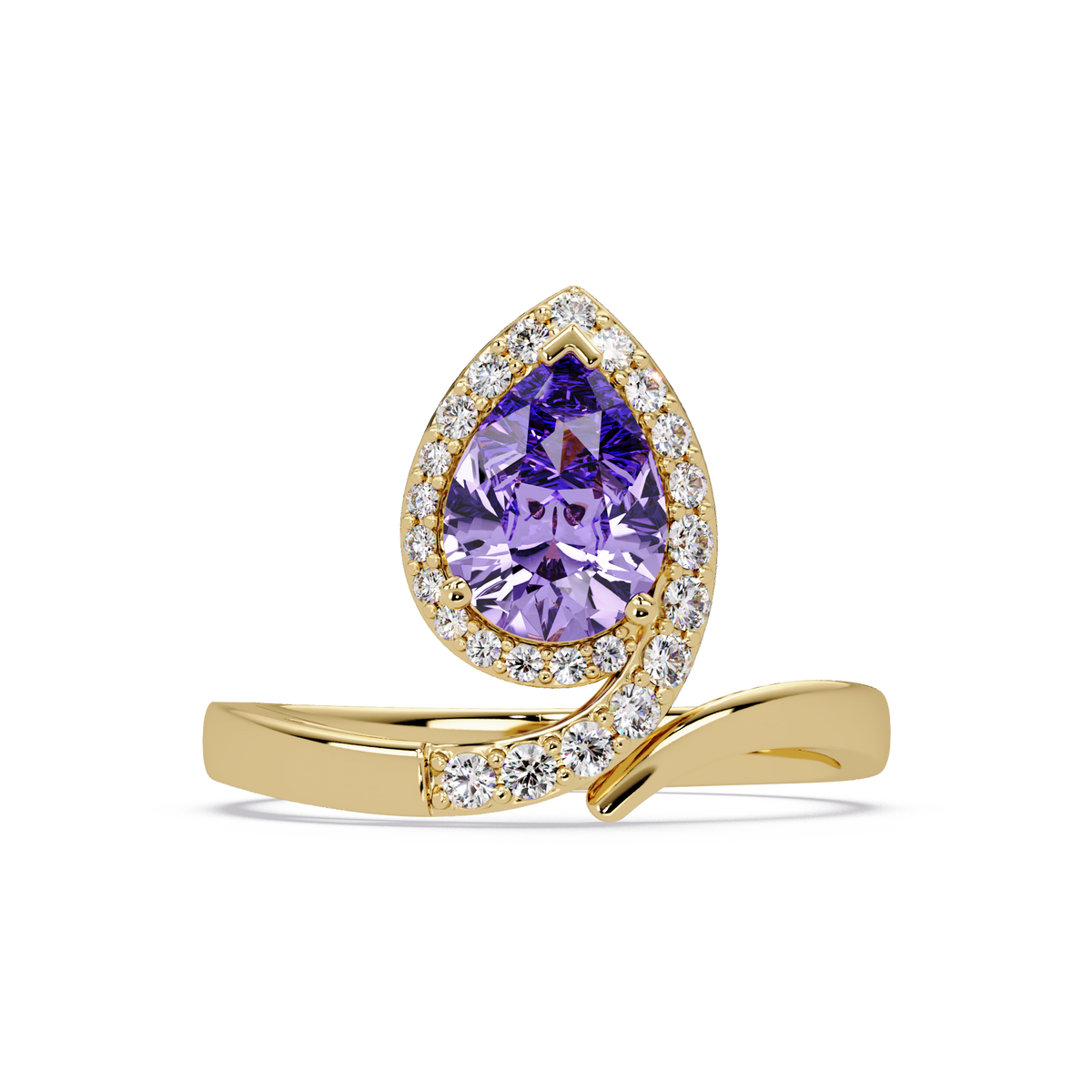 1.4 CTW Pear Halo Bypass Pavé Colorstone Ring with Amethyst Purple center in 14K Yellow Gold – Lunéa Paris