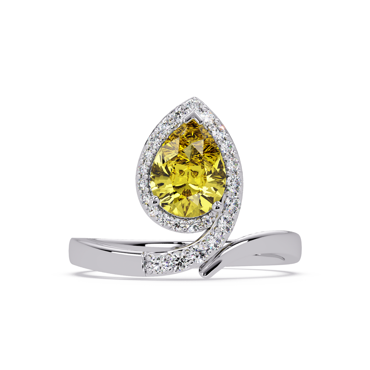 1.4 CTW Pear Halo Bypass Pavé Colorstone Ring with Citrine Yellow center in 14K White Gold – Lunéa Paris