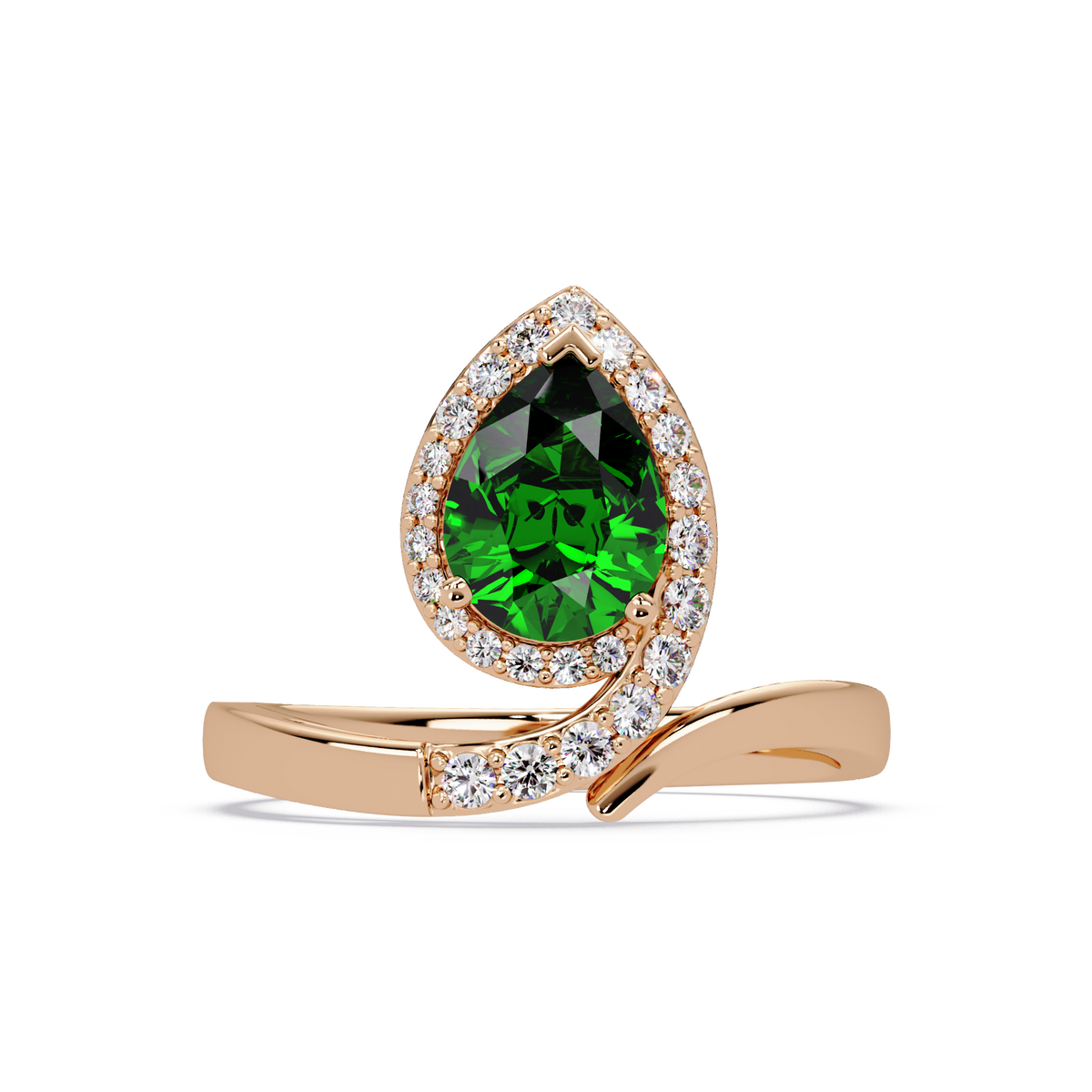 1.4 CTW Pear Halo Bypass Pavé Colorstone Ring with Emerald Green center in 14K Rose Gold – Lunéa Paris