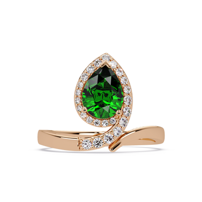 1.4 CTW Pear Halo Bypass Pavé Colorstone Ring with Emerald Green center in 14K Rose Gold – Lunéa Paris