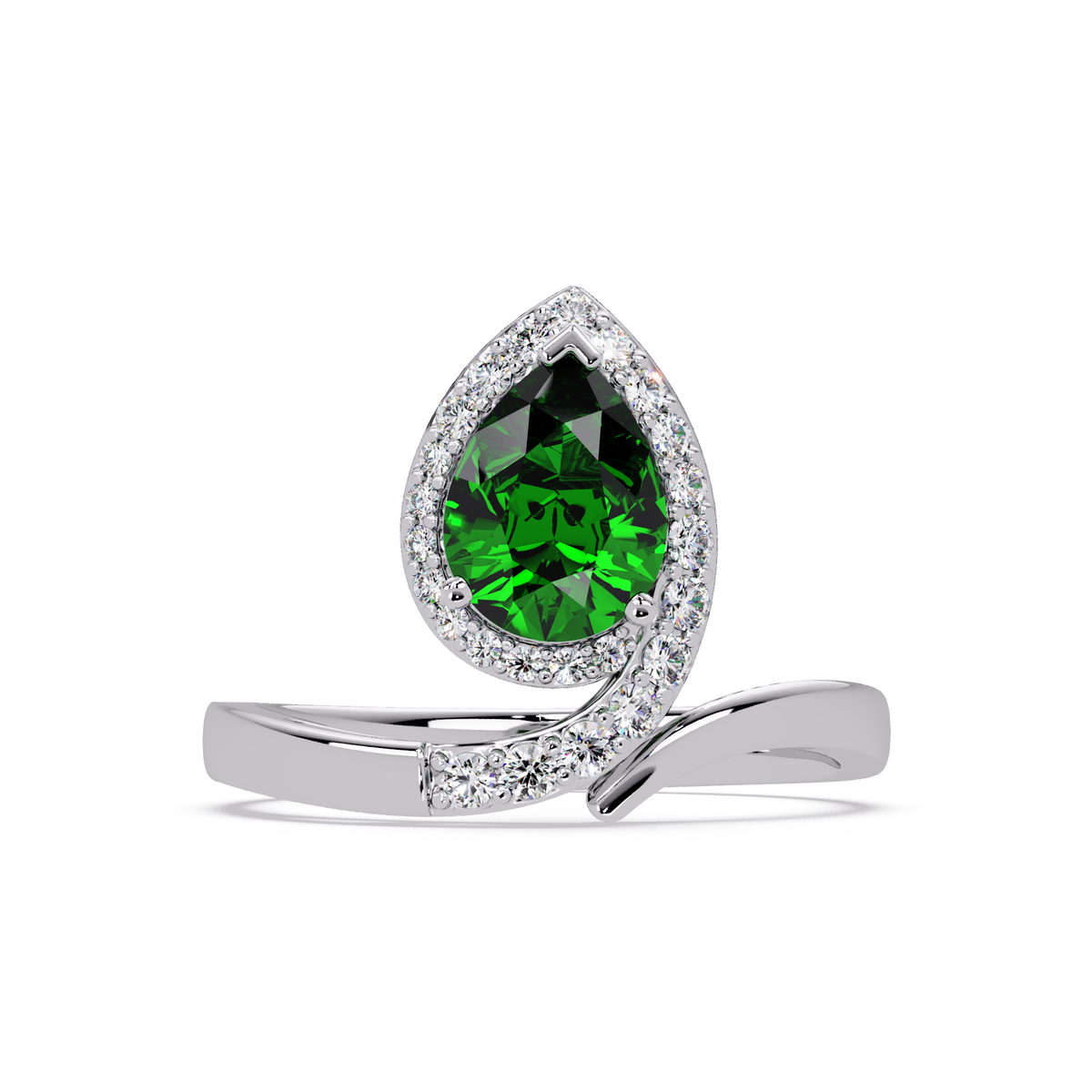 1.4 CTW Pear Halo Bypass Pavé Colorstone Ring with Emerald Green center in 14K White Gold – Lunéa Paris